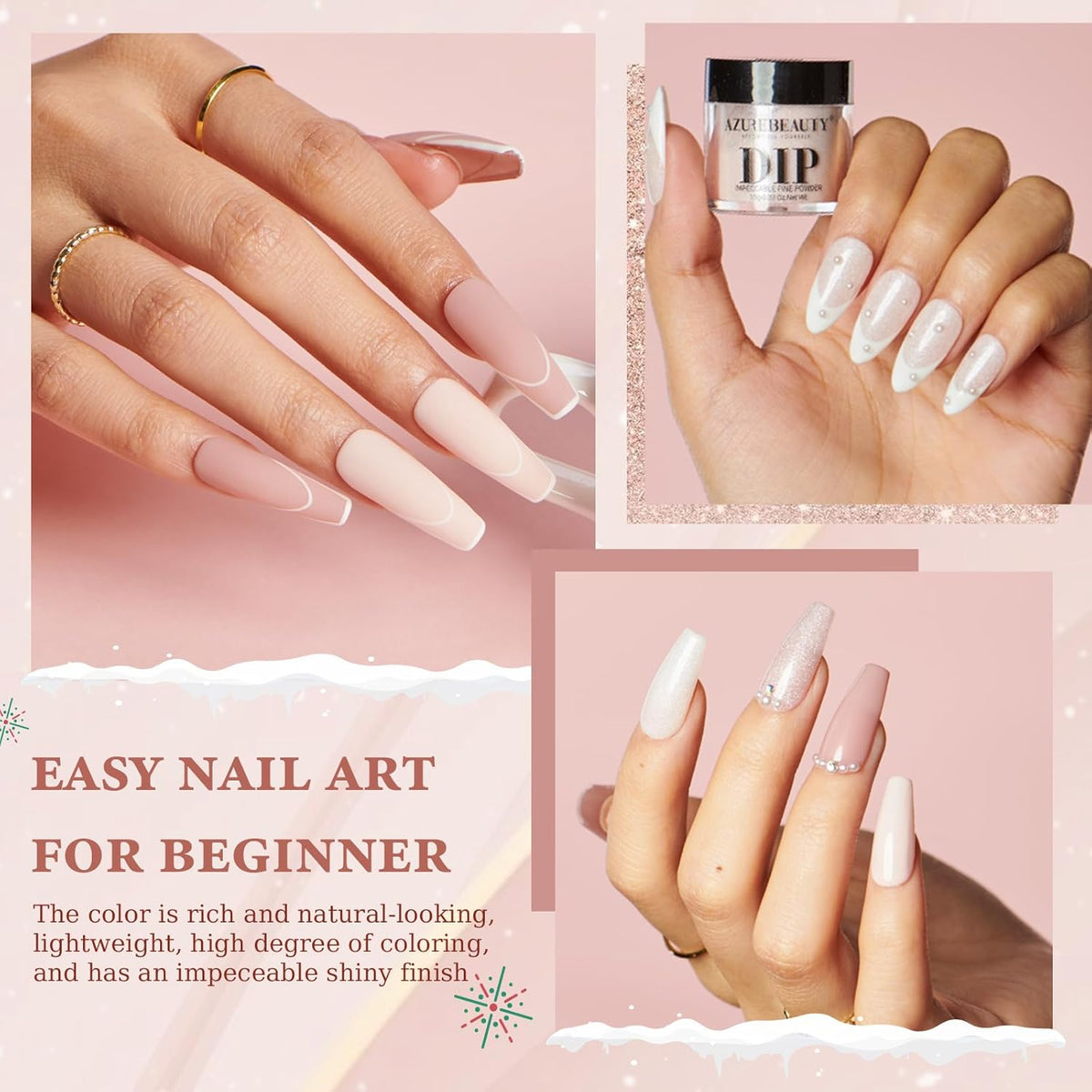 AZUREBEAUTY Dip Powder Nail Kit Starter, All Season Nude Skin Glitter 4 Colors Dipping Powder