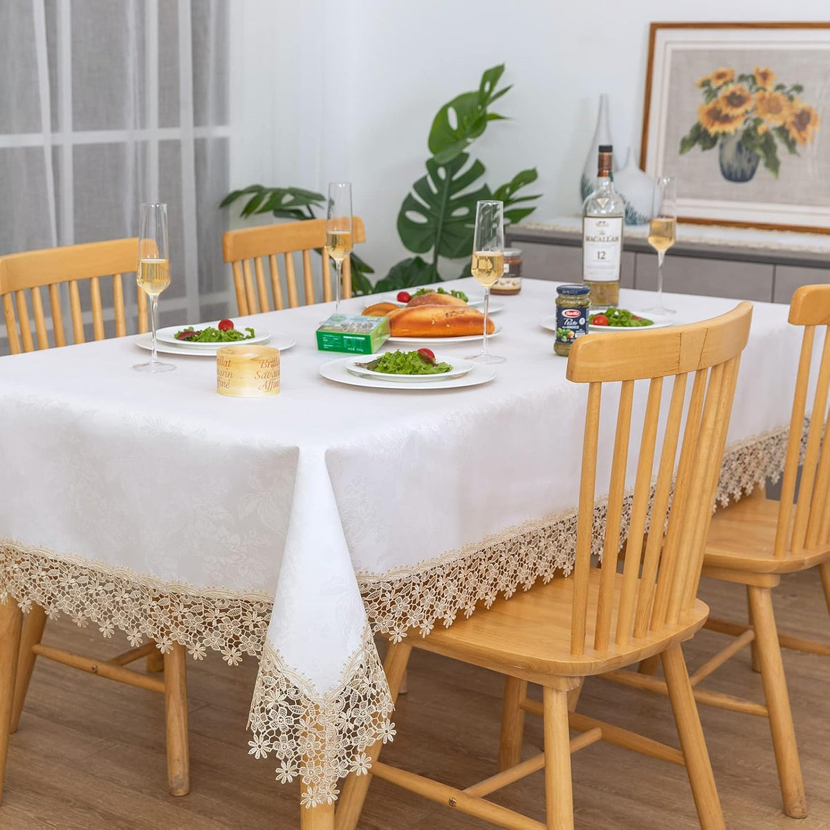 Beige lace Premium Rectangle Farmhouse Tablecloth Waterproof OilProof SpillProof AntiShrink Soft