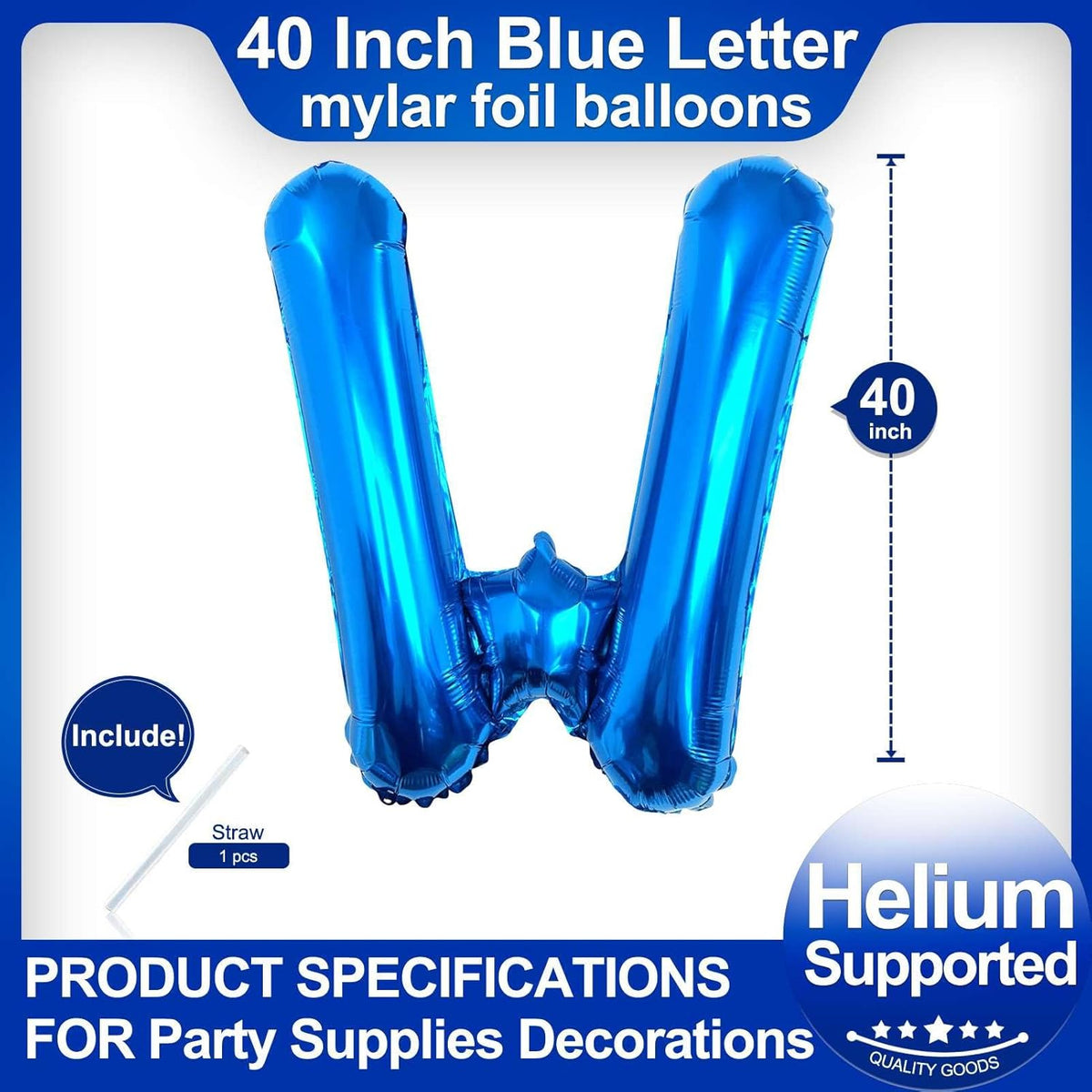 40 Inch Blue Letter W Balloons, DIY Phrase Foil Alphabet Letter W Balloons DIY Word W Banner for