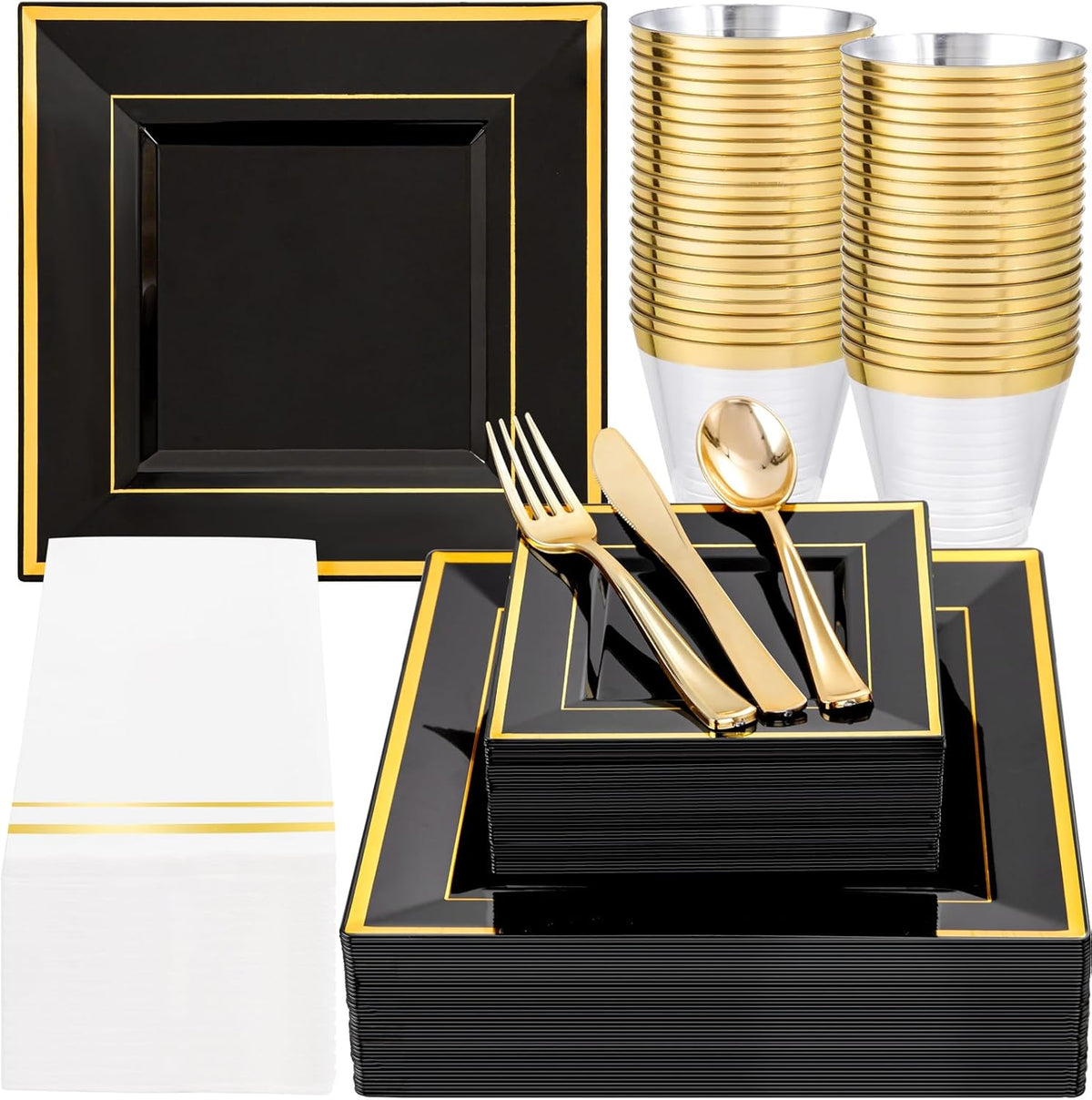 Festiva 350Pcs Black and Gold Plastic Plates-50Guests Disposable Square Black Dinnerware Set