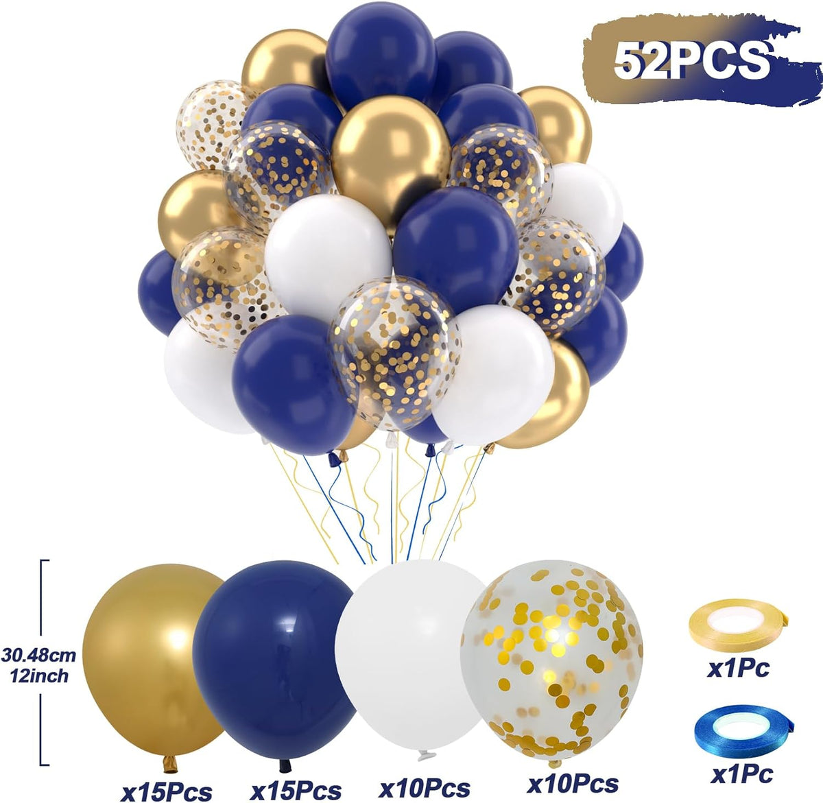 Patimate Navy Blue Gold Balloons Set, 50 pcs 12 inch Metallic Gold Navy Blue White Confetti Latex