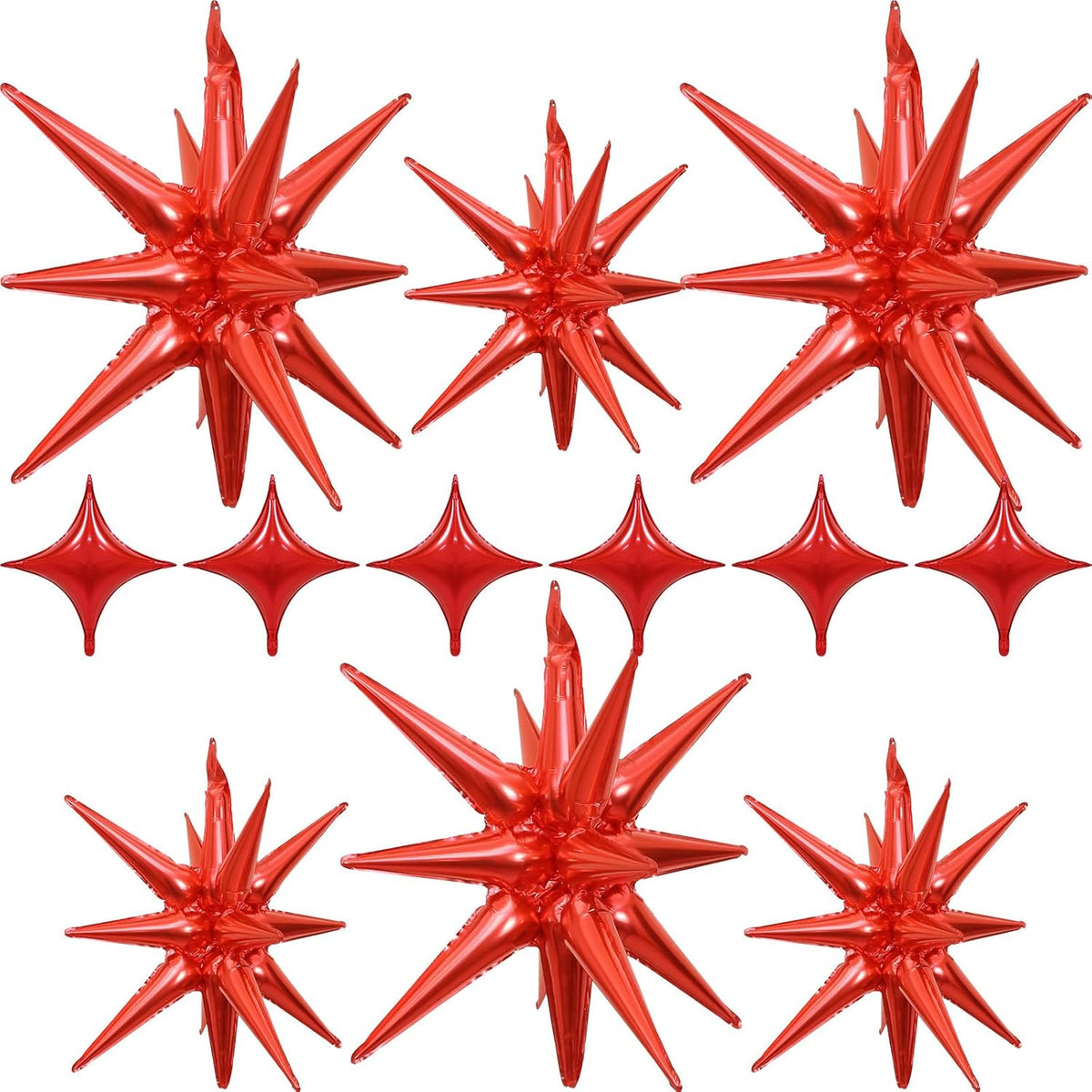 Red Star Balloons 12pcs, 27/22 Inch Foil Star Explosion Balloons, Large Spike Mylar Cone Balloon
