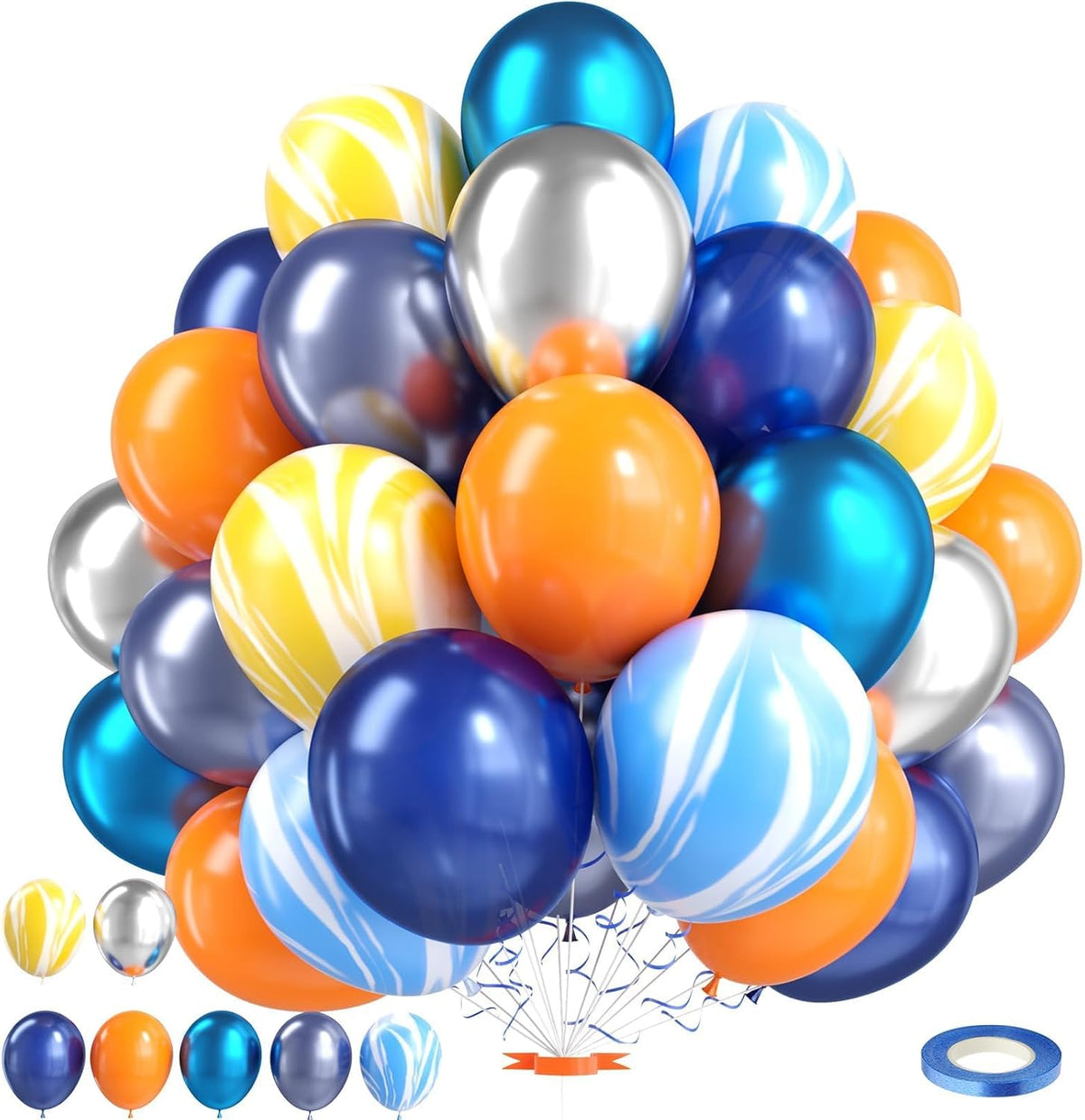 Orange Blue Balloons, Outer Space Party Balloons Set,12 Inch Navy Blue Silver Orange Yellow Agate