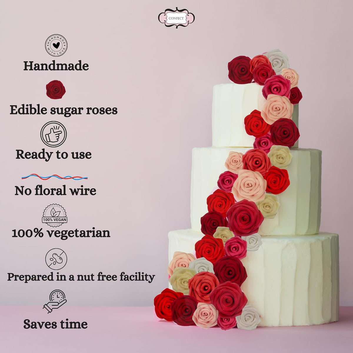 Confect Edible Rose Topper- French Rose Toppers – Pack of 12 Pink French Roses for Cakes, Cupcakes