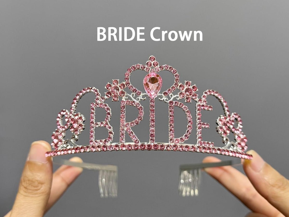 JETKONG 3 Pcs Bachelorette Party Decorations BRIDE Crown, Bride to Be Sash&Veil for Women