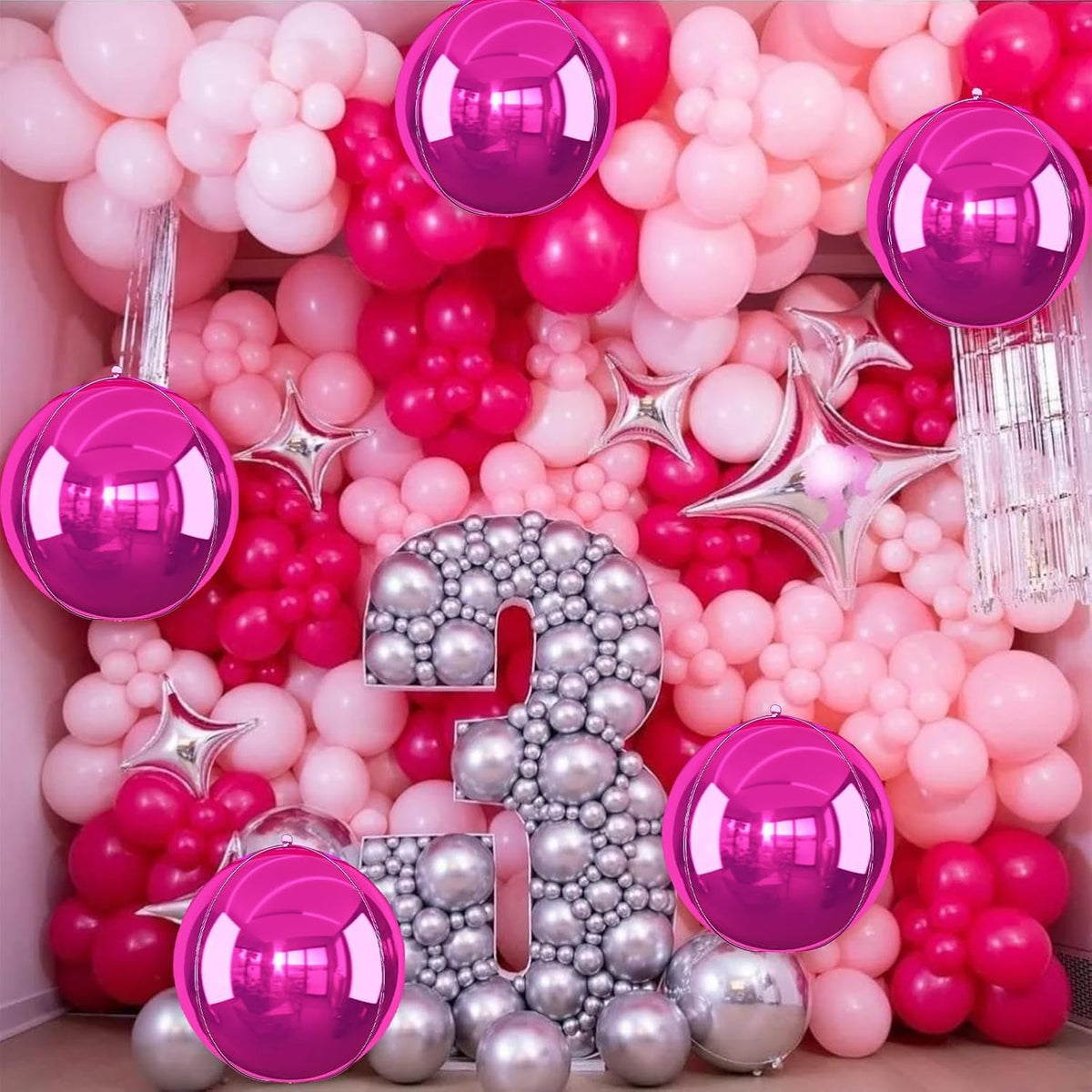 6Pcs Hot Pink Round Foil Balloons,Giant 4D Round Ball Balloon,22 Inch Metallic Hot Pink Balloons