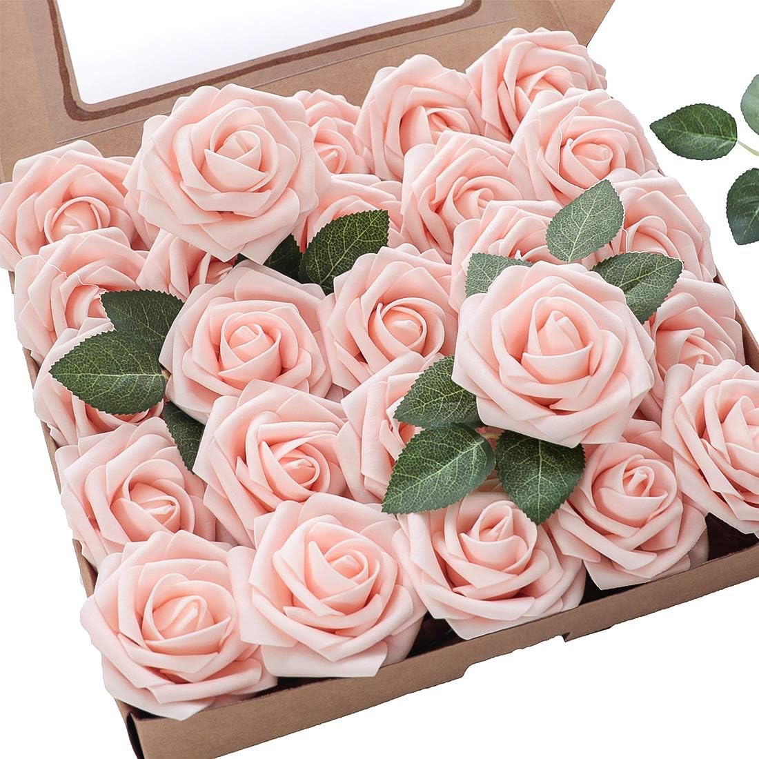 Floroom Artificial Flowers 25pcs Real Looking Blush Foam Fake Roses with Stems for DIY Wedding