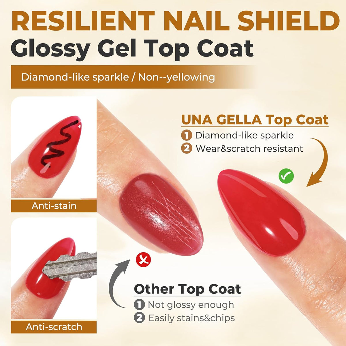 UNA GELLA No Wipe 2PCS Gel Top Coat Base Coat Set, Highly Glossy Top Coat Gel Nail Polish