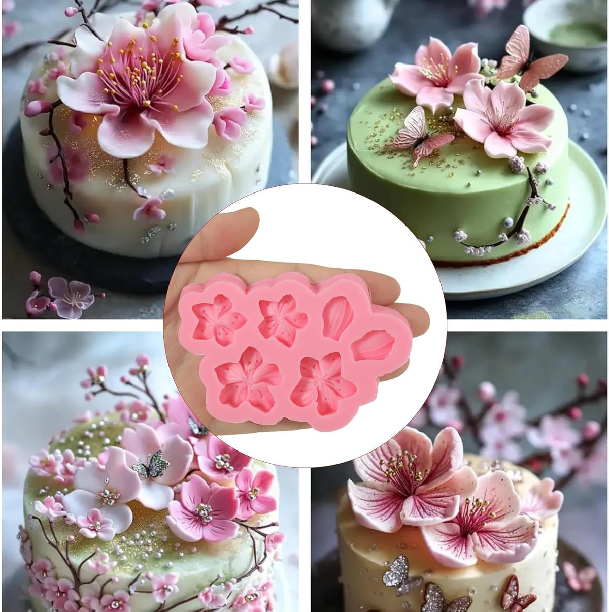 4 Pcs Plum Blossom Fondant Molds, Flower Chocolate Silicone Mold, for Wedding Cake Decoration