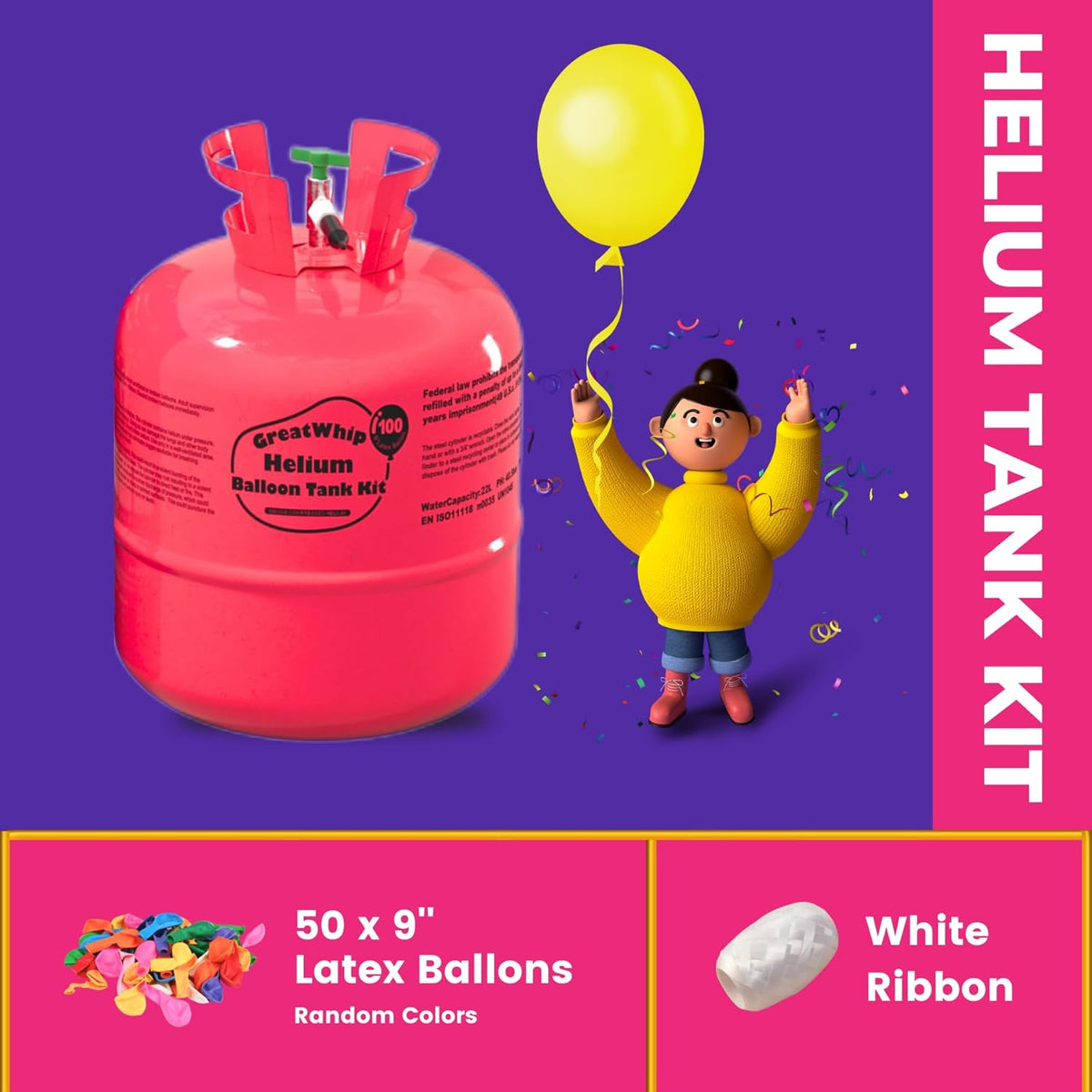 GreatWhip 22L Helium Tank Up To 100 Latex Balloons, Helium Tank For Balloons At Home, Latex