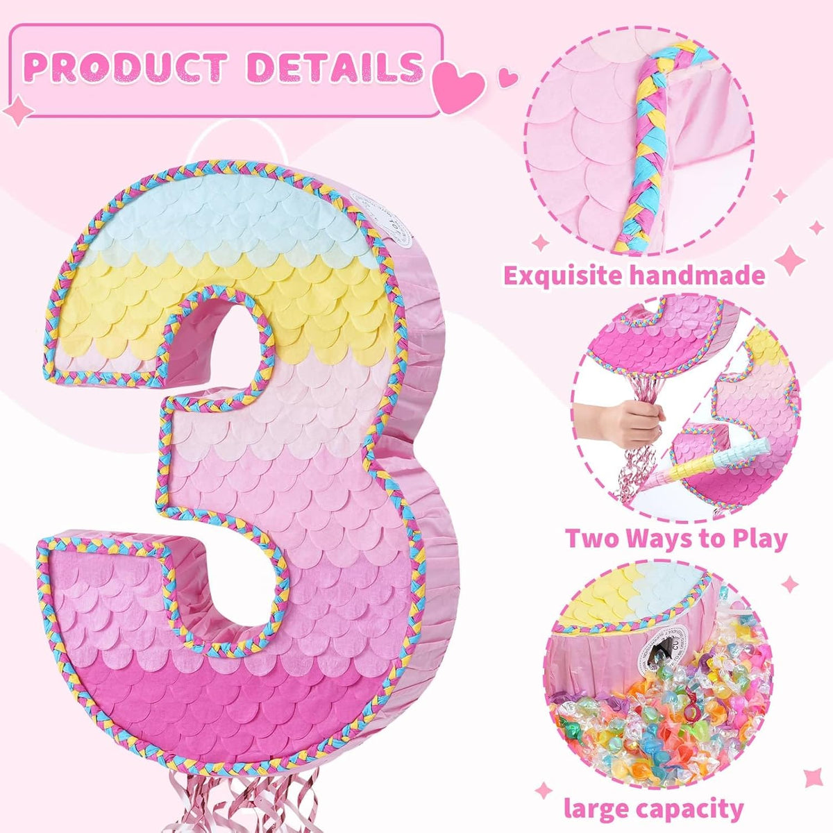 WERNNSAI Pink Sweet Three Pinata - Number 3 Pinata Happy Birthday Decoration Pink Rainbow Design