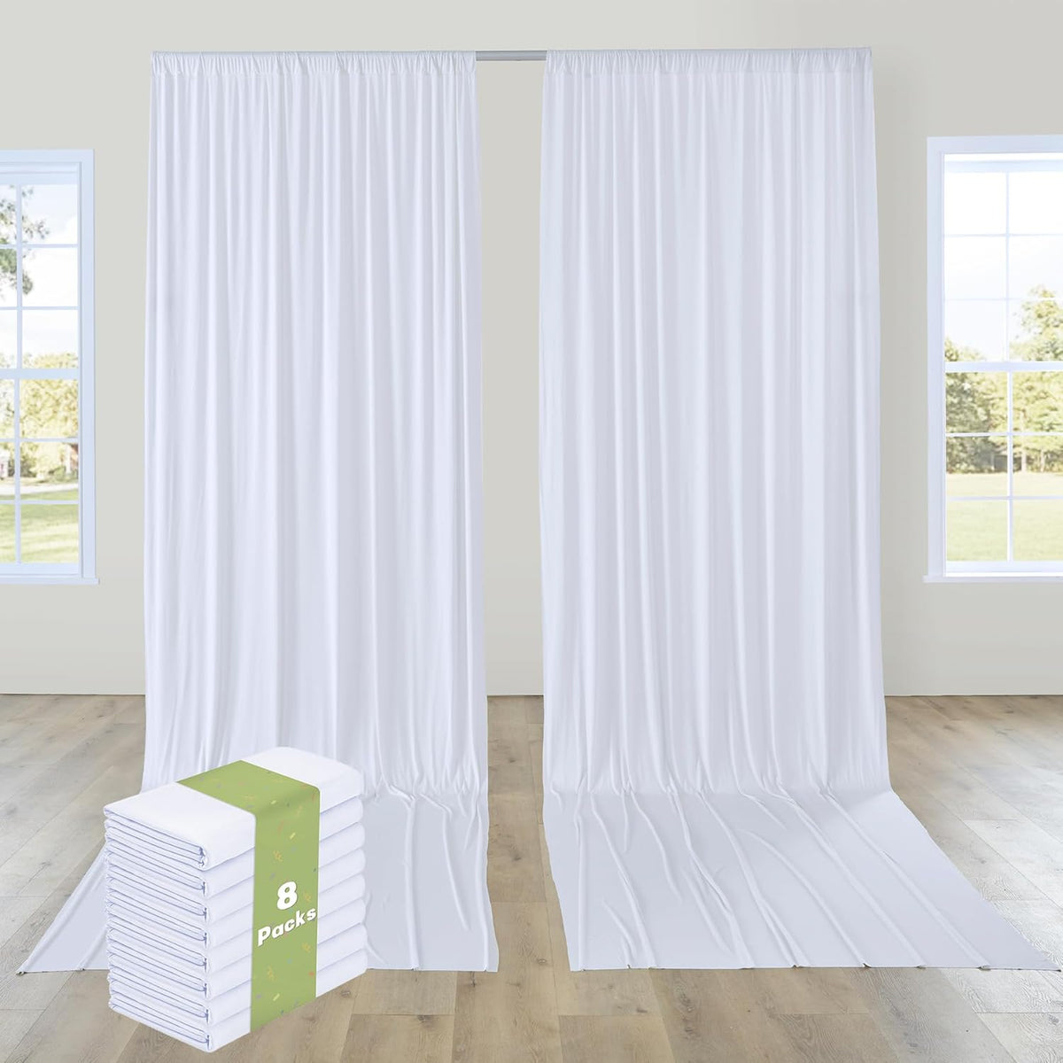 PartyVillage 40ft×15ft White Backdrop Curtain for Wedding Parties, 8 Panels Wrinkle Free 15 FT Long
