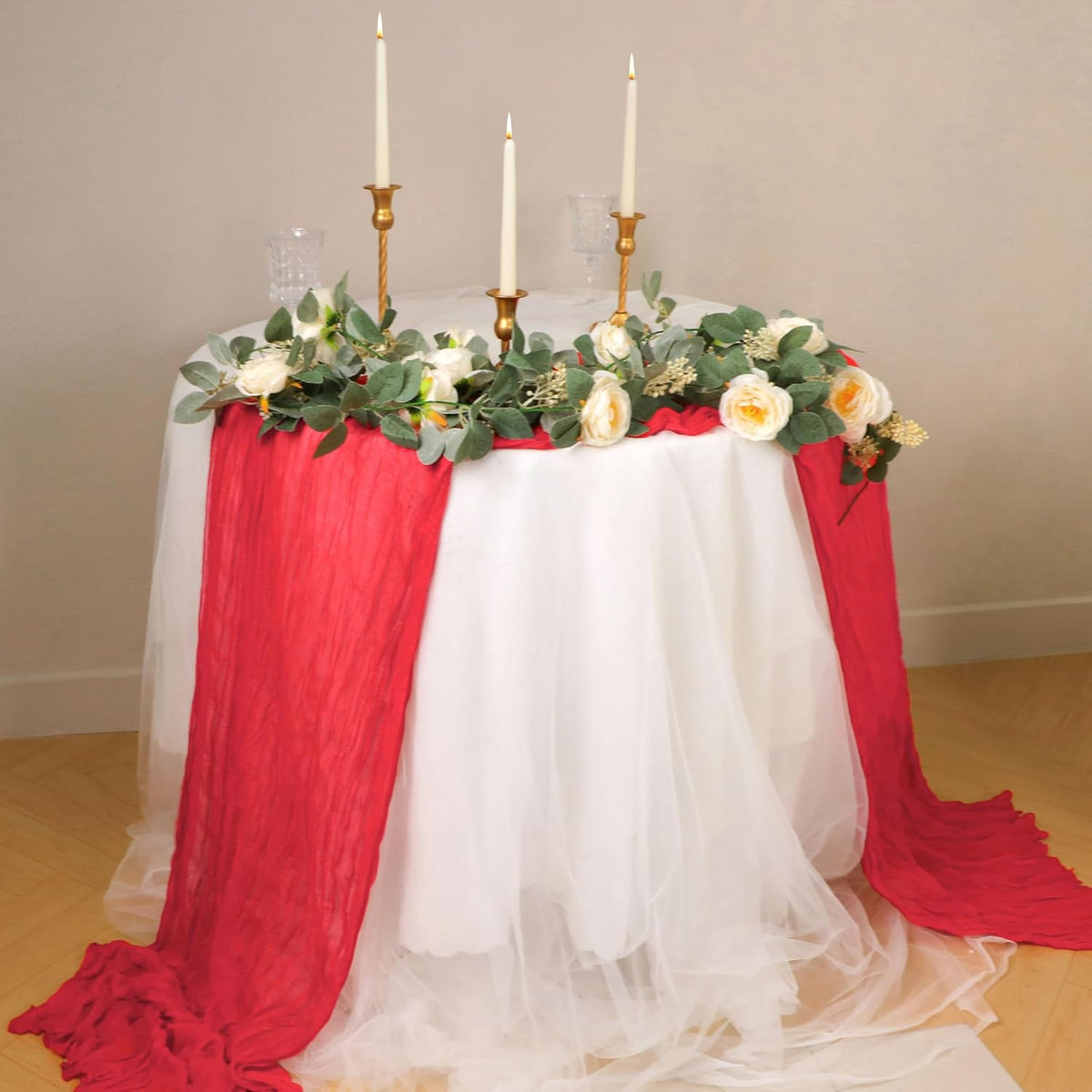 Snowkingdom 6 PCS Red Cheesecloth Table Runner 10 Ft, 120 inch Long Cheese Cloth Gauze Runners for