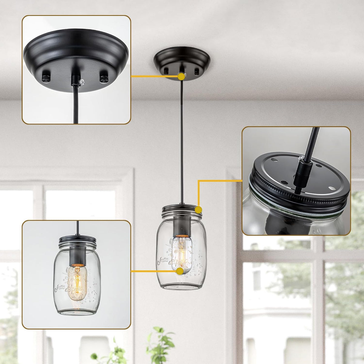 Kitchen Island Light, 1 Lights Adjustable Pendant Lighting, Glass Mason Jar Hanging Lamp(2 Pack)