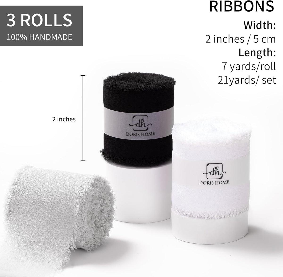 DORIS HOME 2" x21Yd Chiffon Ribbon for Flower Bouquet, Black & White Fabric Ribbon for Gift