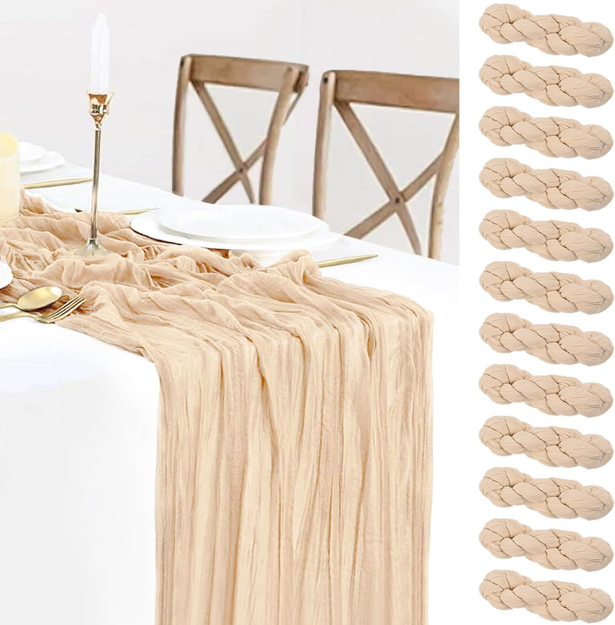 12 Pack Champagne Cheesecloth Table Runner 35x120 Inches, Fall Thanksgiving Cheese Cloth Table