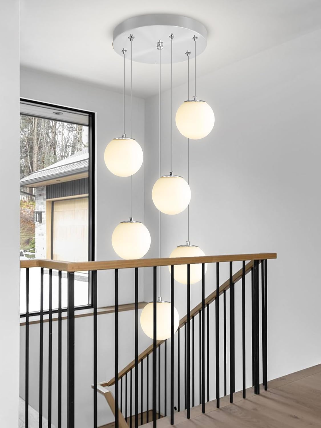 H 87in Globe Pendant Light 6-Lights Modern Hanging Chandelier for Kitchen Island Silver Globe