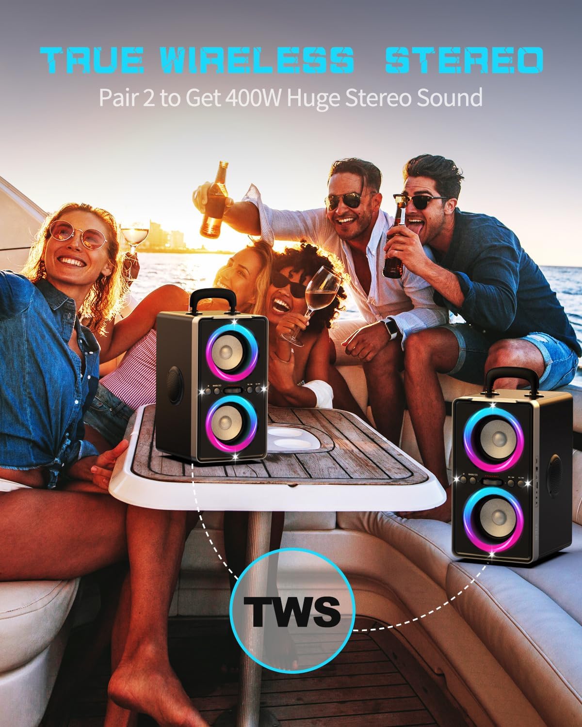 Bluetooth Speaker, 200W(Peak) Loud Stereo with Deep Bass, 20H Playtime, TWS, 30W Fast Charging