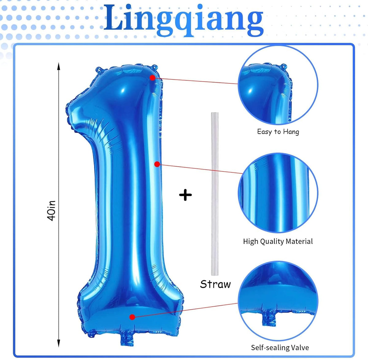 40'' Blue Number 1 Balloons, Giant Self Inflating Foil Number Balloons Set 0-9, Large Digital 1