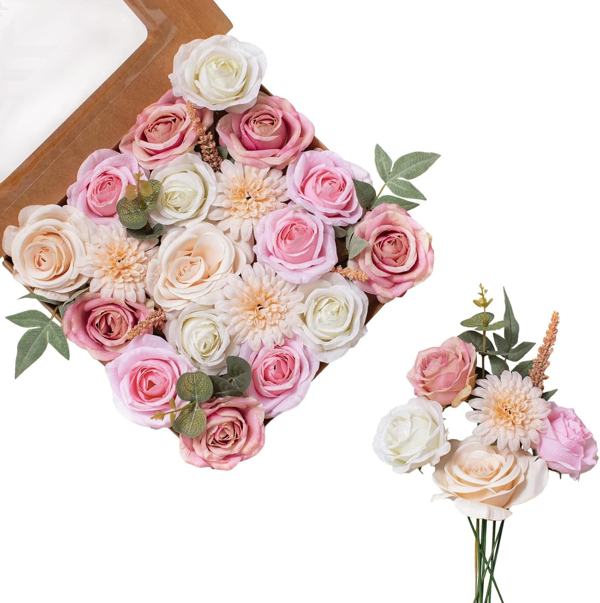 FANKO Rose Artificial Flowers Combo for DIY, Fake Pink Rose Artificial Silk Flowers with Greenery