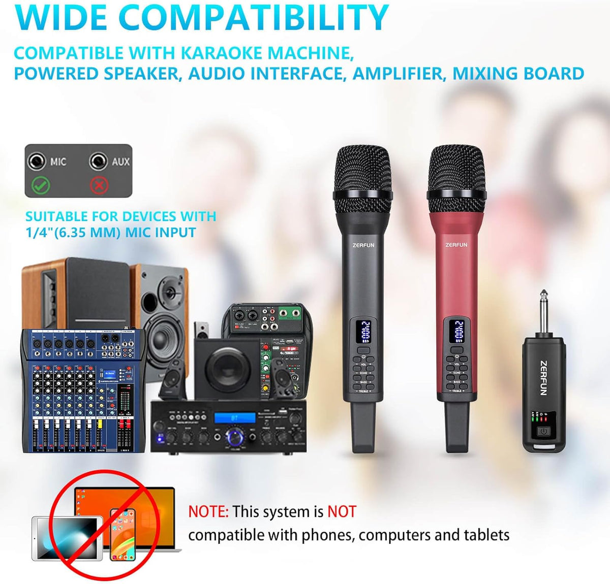 Rechargeable Wireless Microphones Dual, Pro Handheld Cordless Mics System Dynamic with Echo Treble