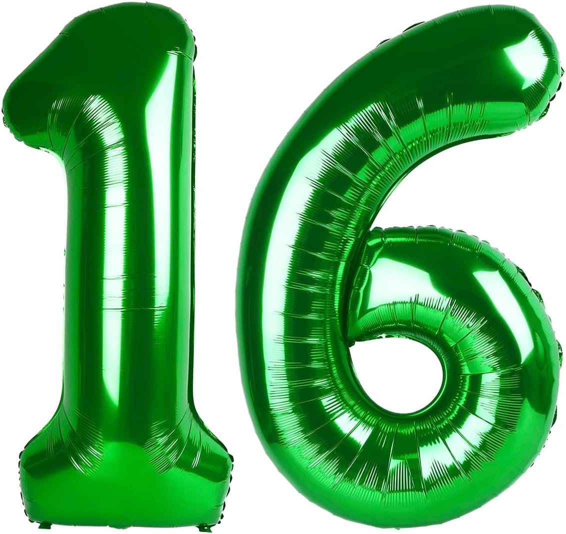 40 Inch Green Mylar Foil Number 16 Birthday Balloon, Digital Balloons for 16 Boy Girl Party