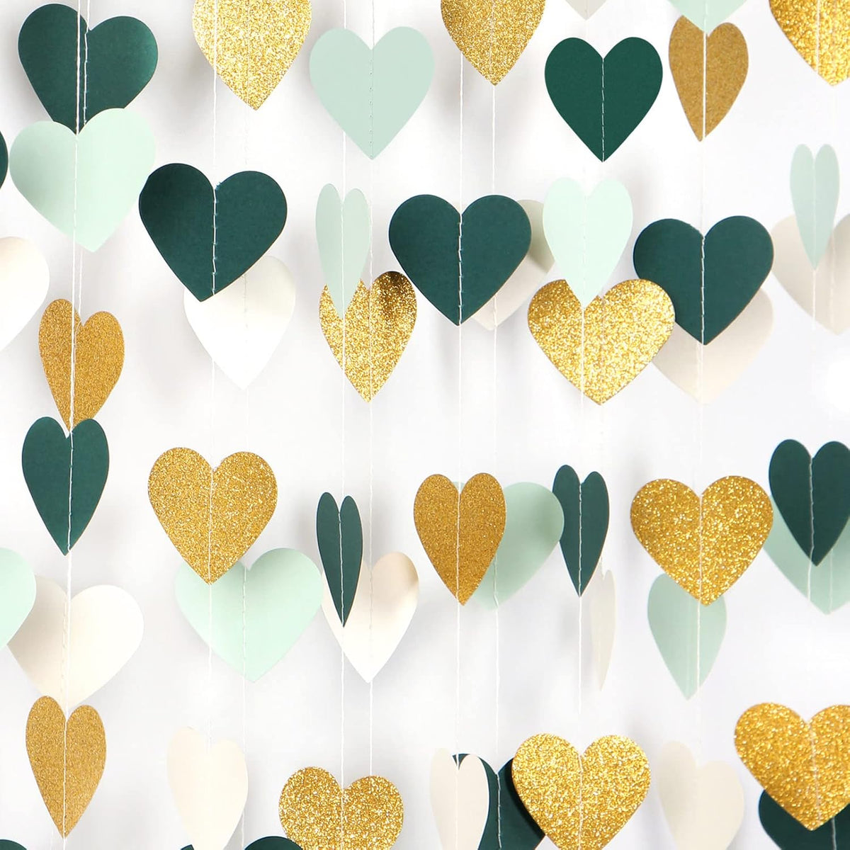 Sage-Green Mint Beige-Gold Love-Heart Garland - 52Ft Rustic Wedding Hanging Decoration Streamers