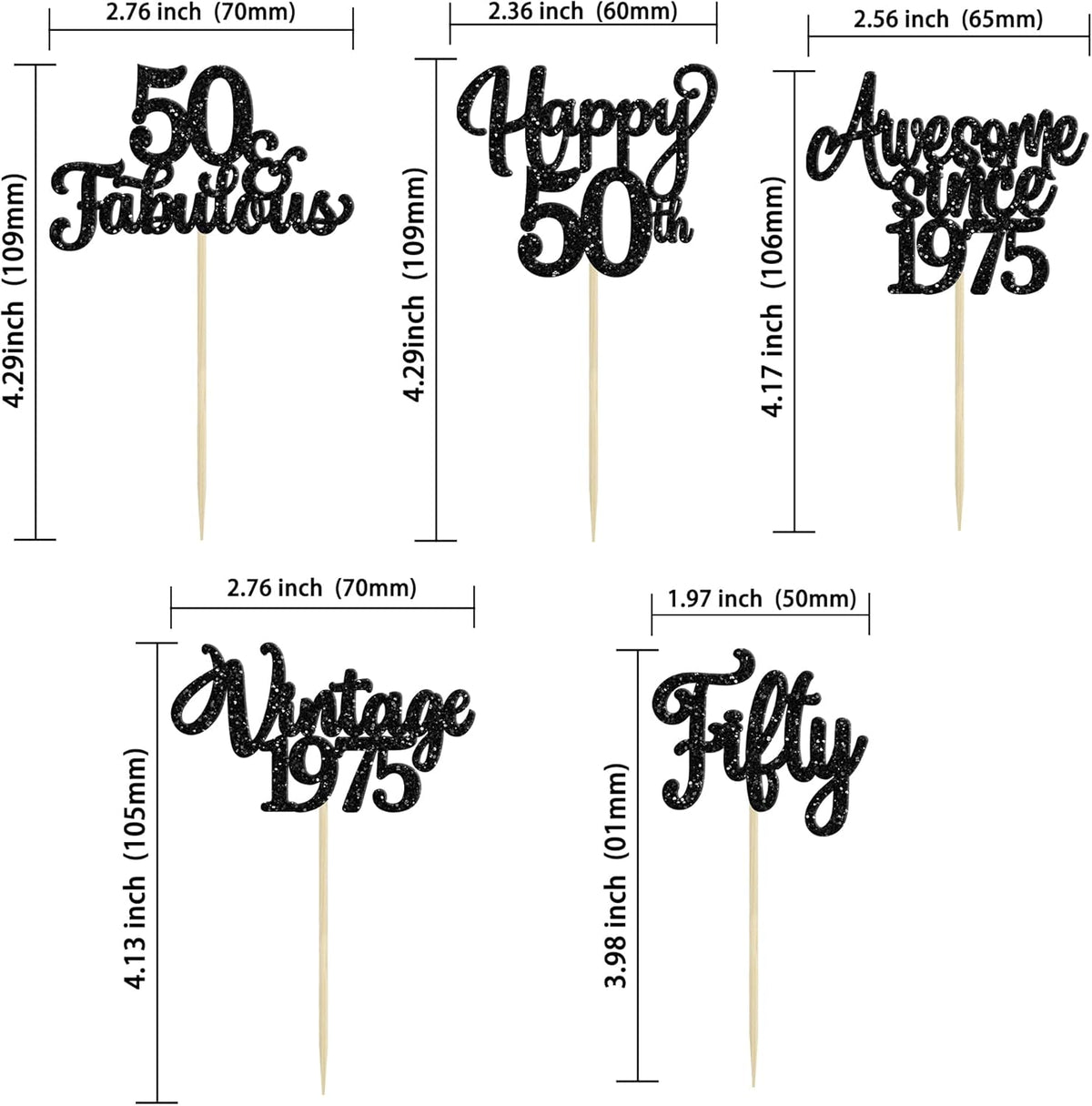 30Pcs Happy 50th Birthday Cupcake Toppers Glitter Fifty Vintage 1975 Cupcake Picks Cheers to 50