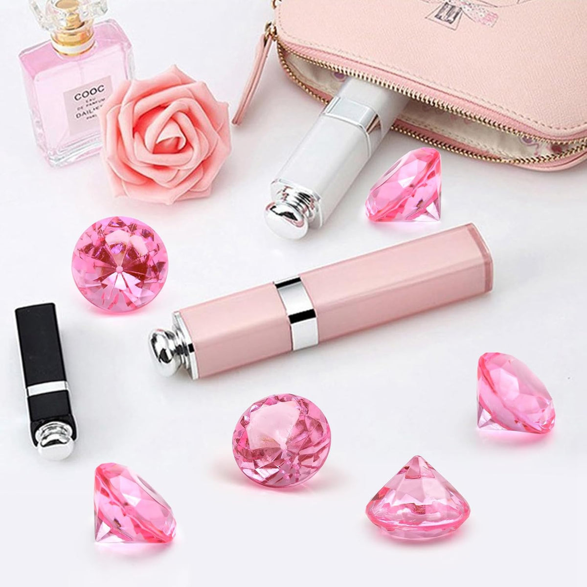 100 PCS Acrylic Diamond Gems, Pink Acrylic Diamonds 1 Inch Acrylic Gemstones Vase Filler Fake Gems