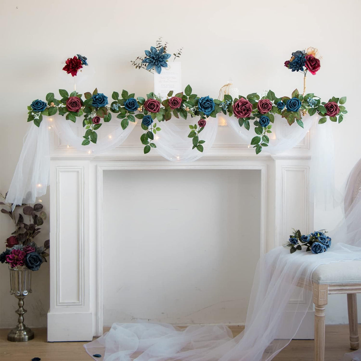 PONATIA 5FT Handcrafted Artificial Rose Flower Garland, Burgundy Flower Garland for Wedding