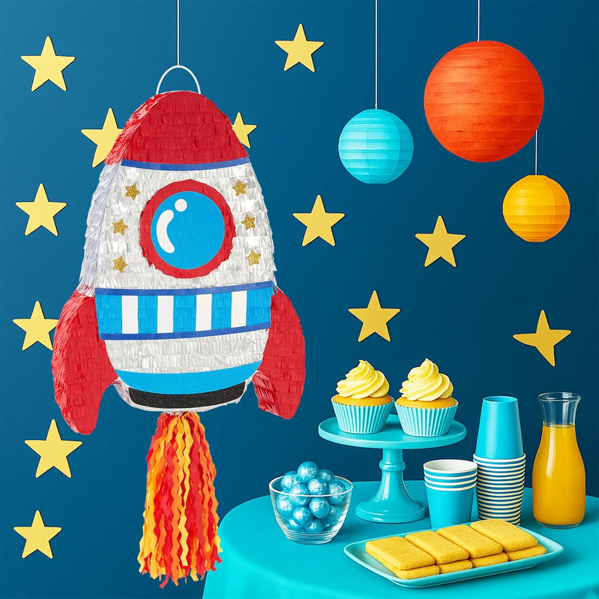 WERNNSAI Rocket Piñata - Rocket Ship Pinata Bundle with Blindfold and Bat Space Birthday Party