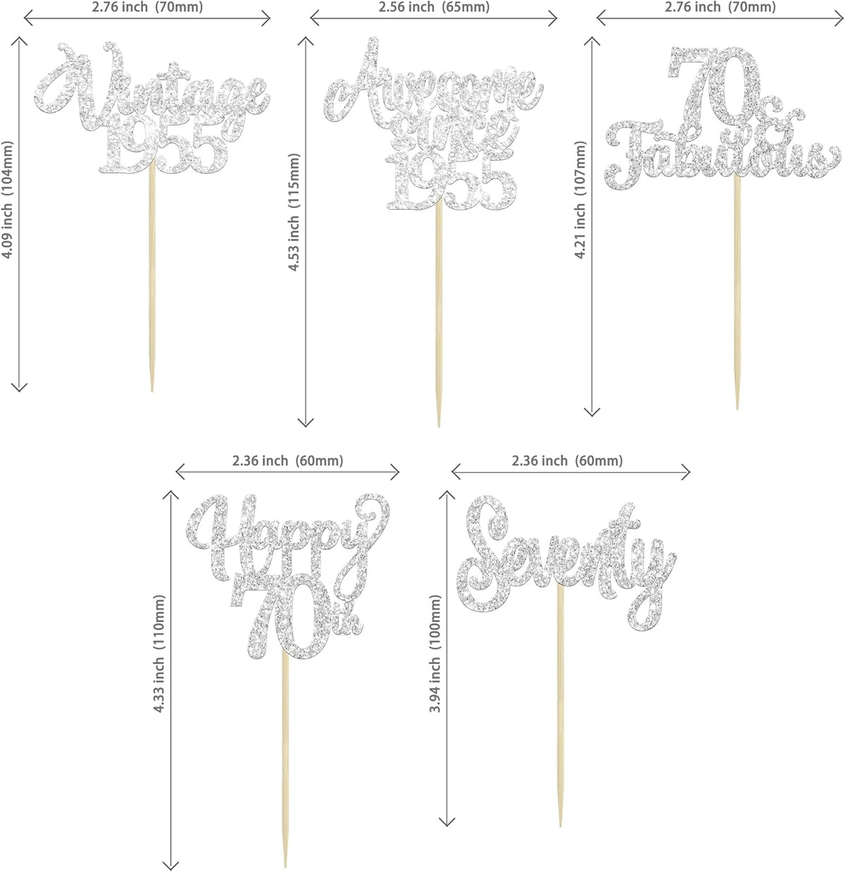 30Pcs Happy 70th Birthday Cupcake Toppers Glitter Seventy Vintage 1955 Cupcake Picks Cheers to 70