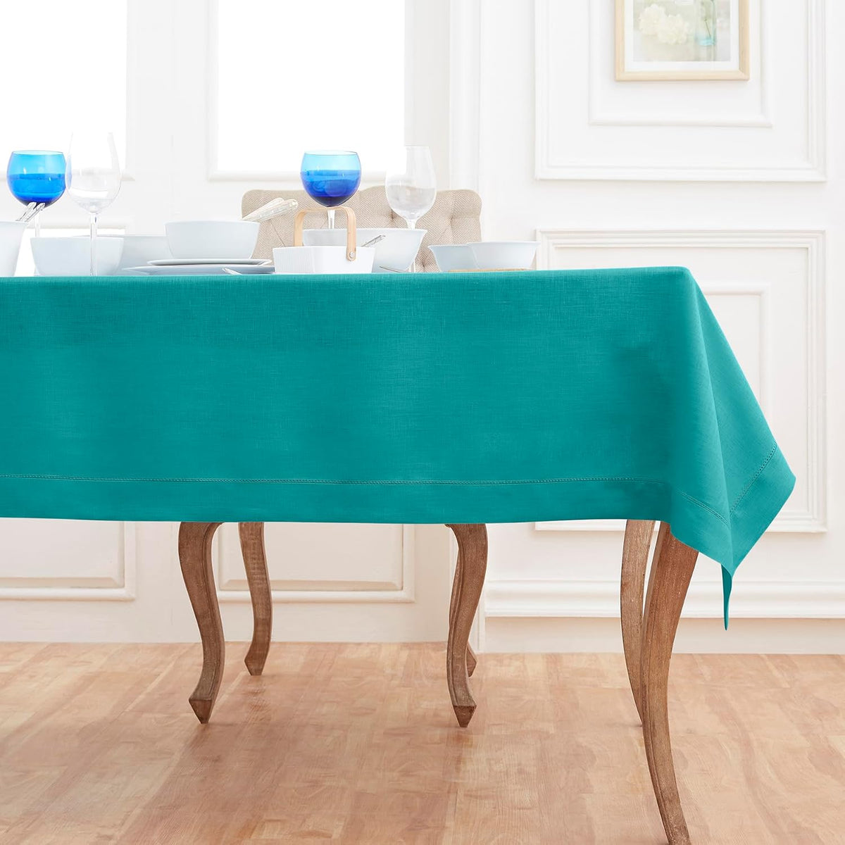 Solino Home Linen Tablecloth 60 x 144 Inch - Classic Hemstitch 100% Pure Linen Teal Table Cloth for