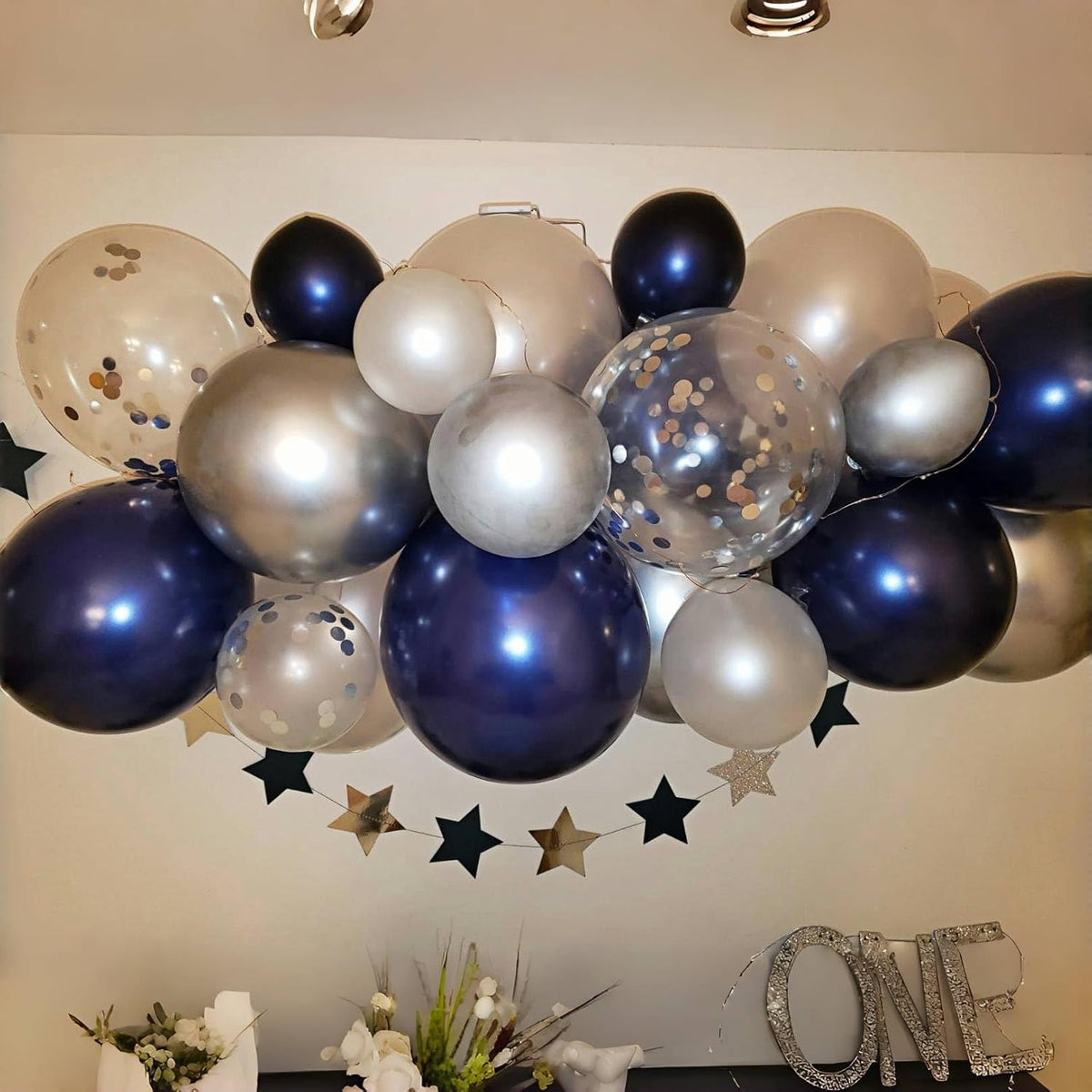 Navy Blue and Silver Balloons, Pearl Navy Blue Metallic Silver Latex Balloons Set Decor with 12