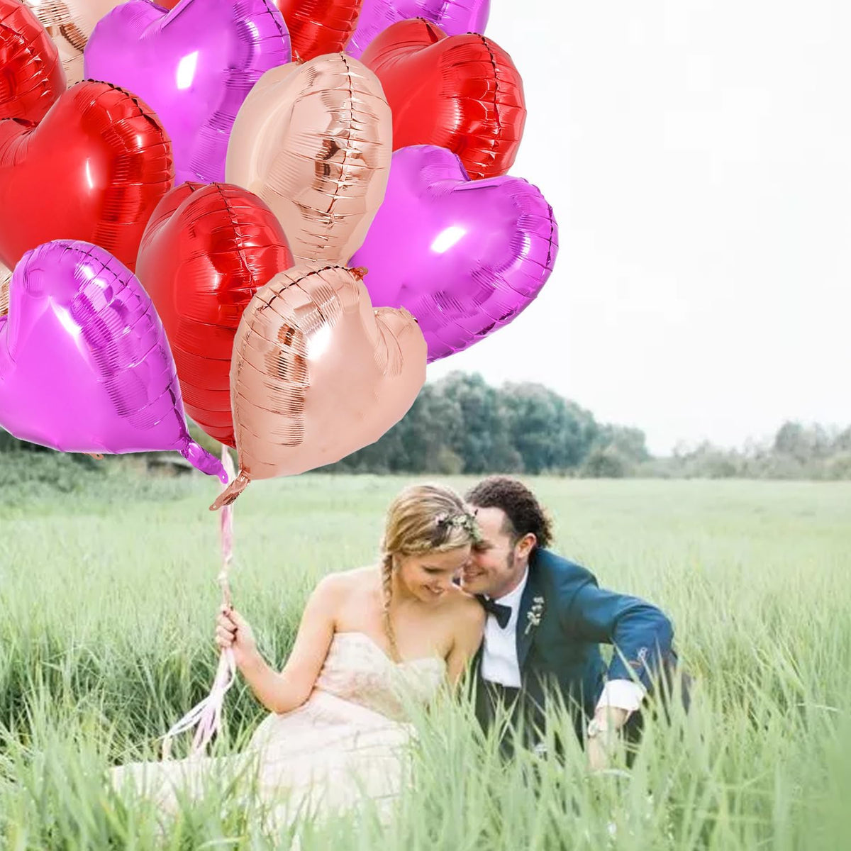 TONIFUL 30Pcs 18 Inch Heart Balloons Red Hot Pink Rose Gold Valentine’s Day Heart Shape Foil Mylar