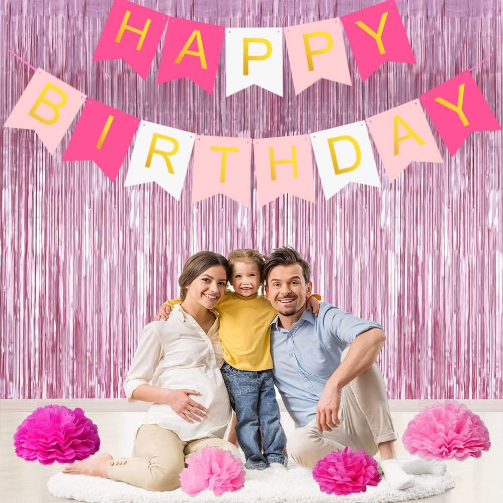 3Pcs Pink Metallic Tinsel Foil Fringe Curtains,3.28ft x 6.56ft Pink Photo Booth Backdrop Streamer