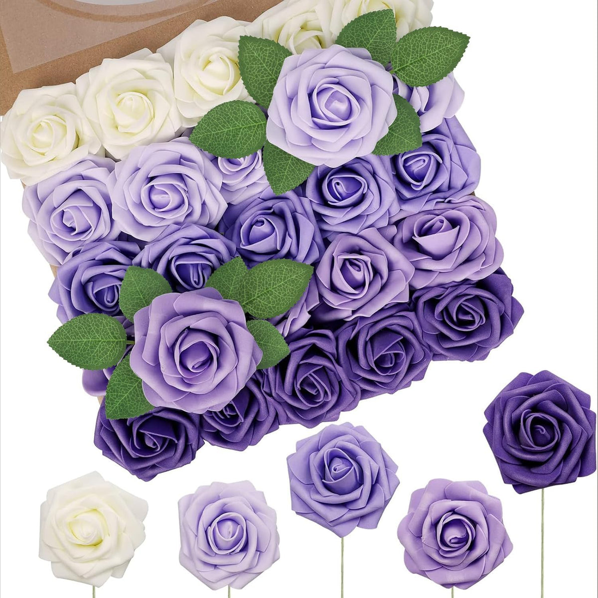 N&T NIETING Artificial Flowers 50Pcs Fake Foam Rose Purple Flowers with Stems Lavender for DIY
