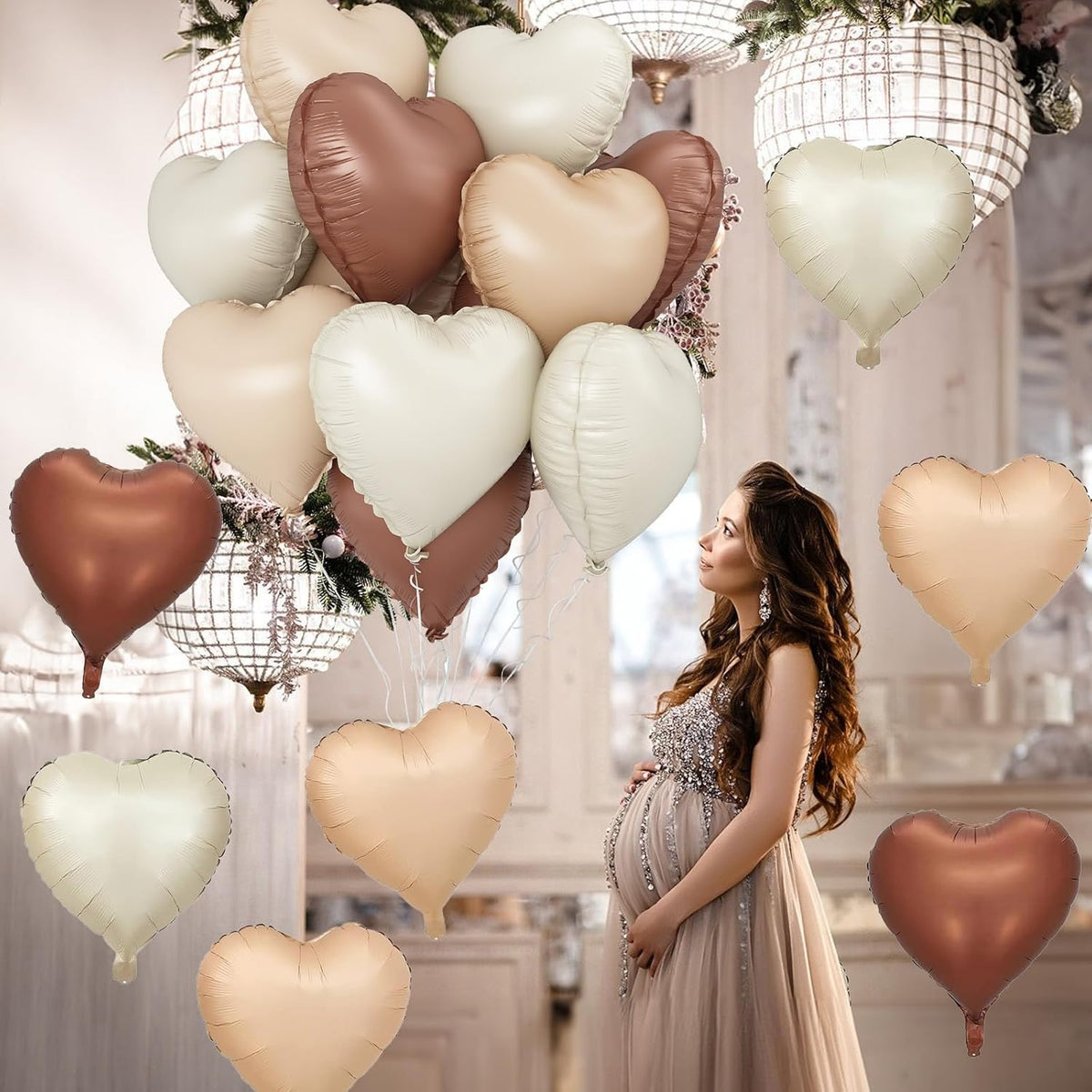 Cream Brown Heart Balloons, 12Pcs Brown Apricot Foil Balloons, Beige Coffee Foil Heart Shape Mylar