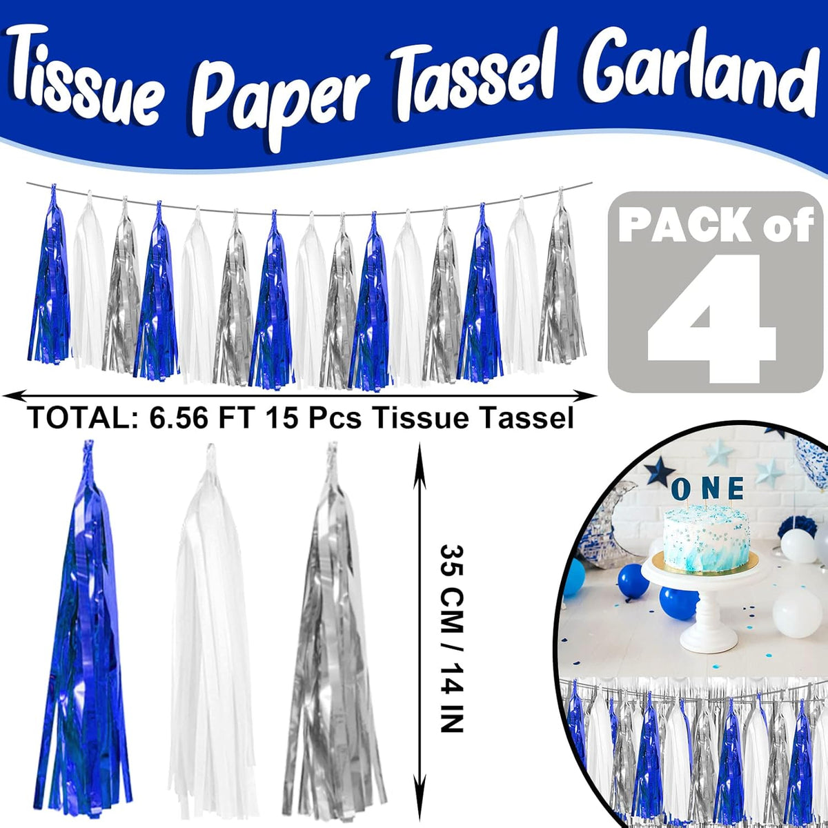 4P Navy-Blue White-Silver Foil Fringe Metallic Tassel Garland Banner, Tassels Banner Streamers for