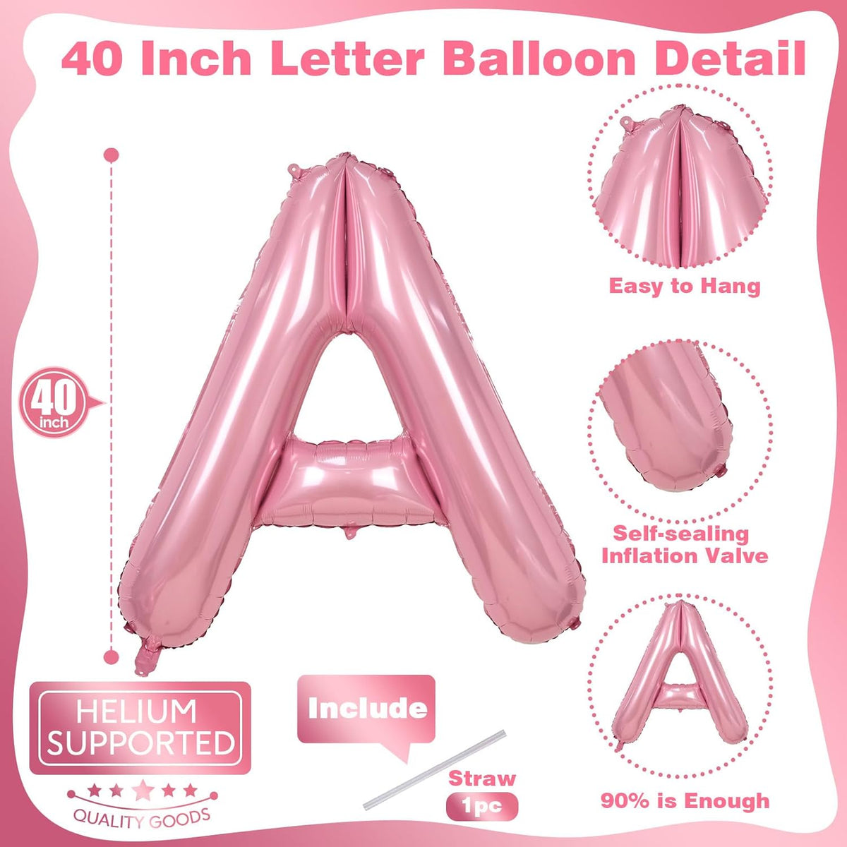 40" Balloon Letter A Pastel Pink, Large Foil Pink Letter Balloons Set A - Z for Girls, Light Pink A
