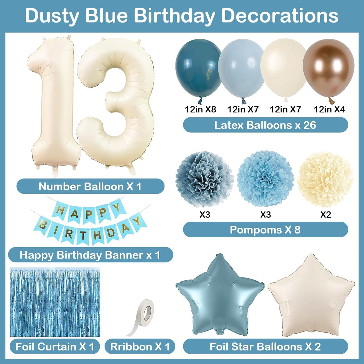 Dusty Blue 13th Birthday Party Decorations Boys Girls Beige Cream Number 13 Balloon with Blue Gold