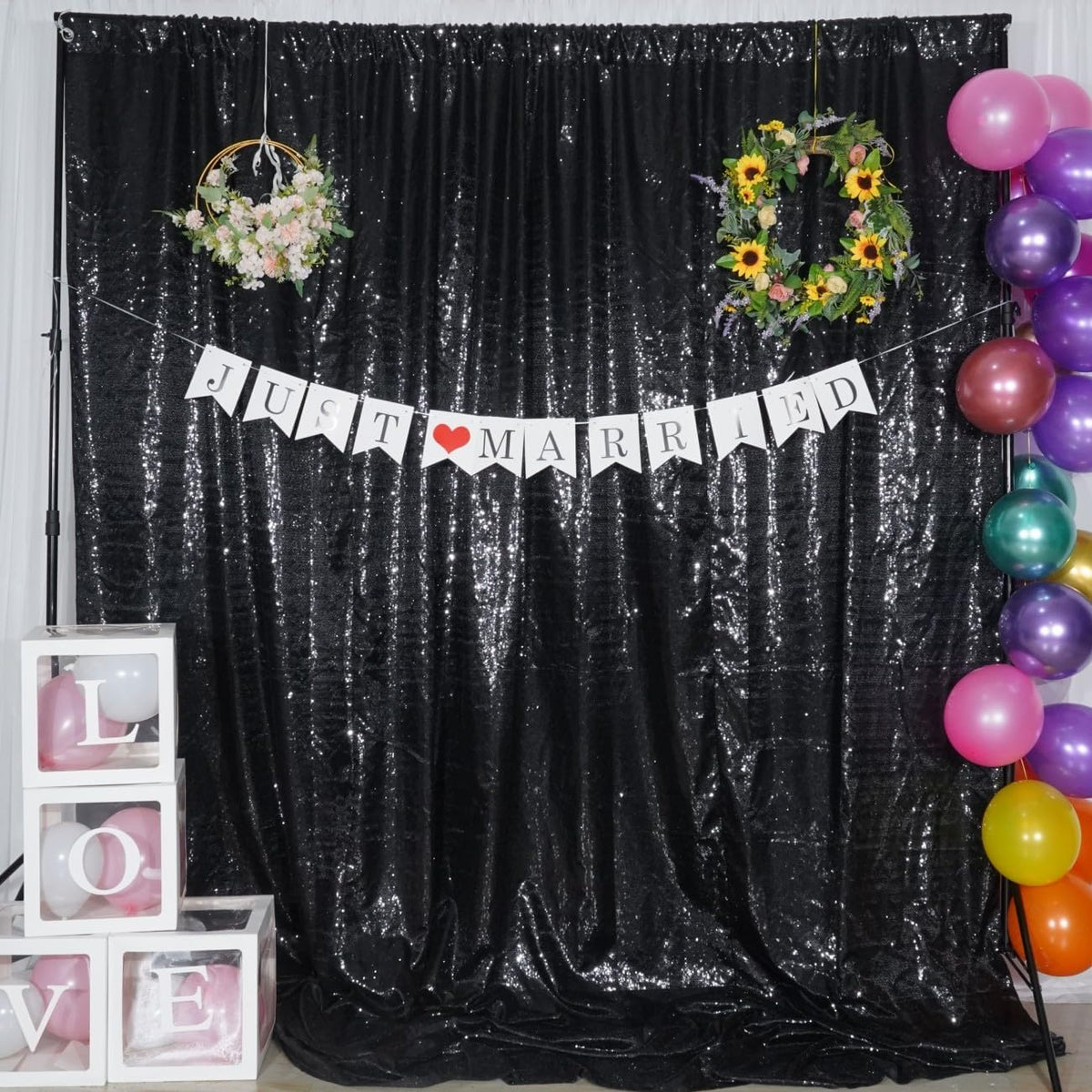 Poise3EHome 7Ft x 7Ft Black Sequin Backdrop, Glitter Thick Satin Sequin Background Drapes, Sequence