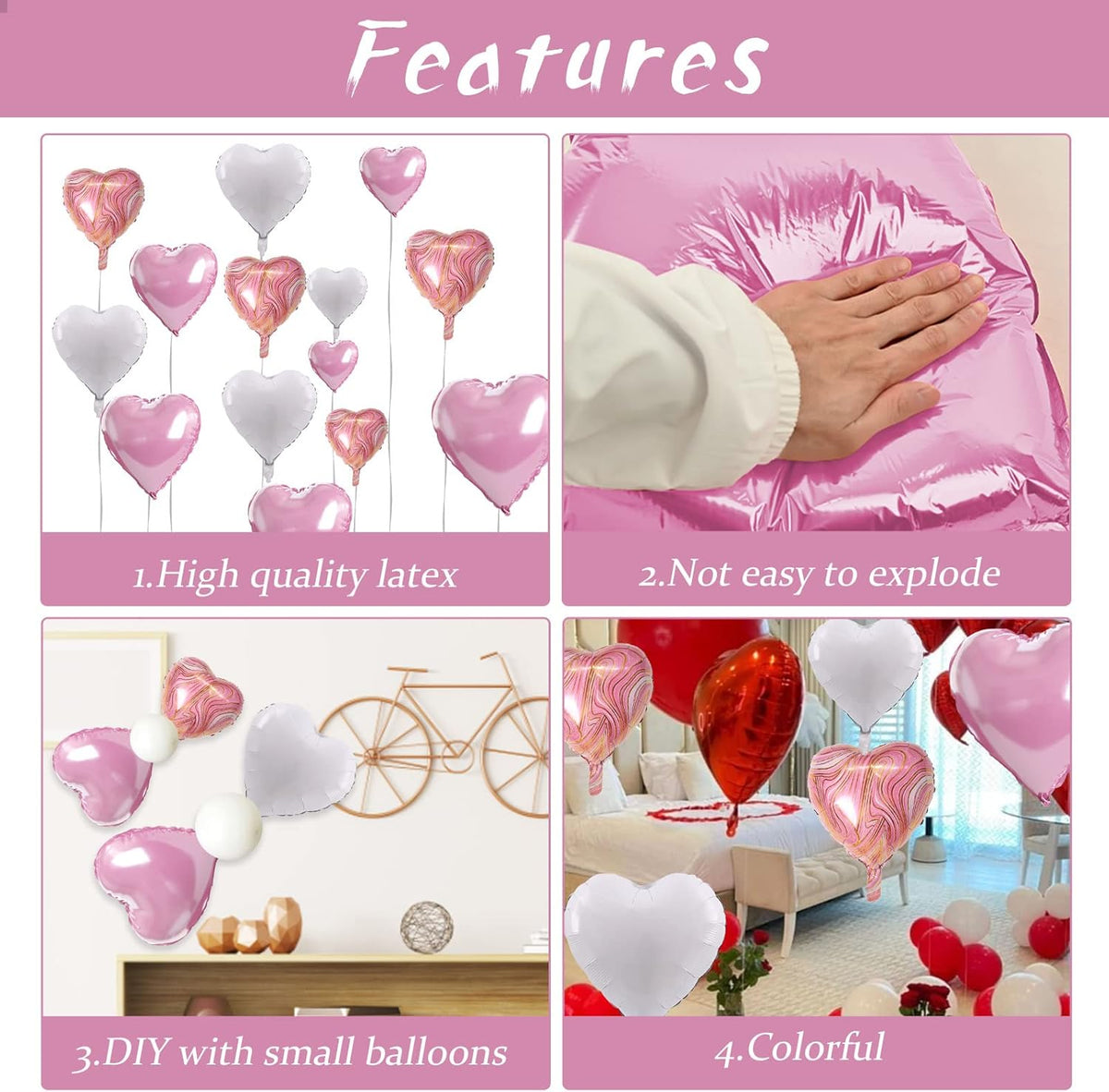 Pink White Agate Heart Shape Balloons - 10PCS Pink & White Foil Heart Balloons for Valentine's Day