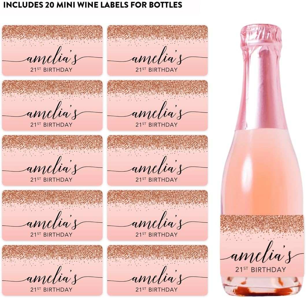 Andaz Press Personalized Mini Champagne Wine Bottle Labels, Birthday Blush Pink Faux Rose Gold