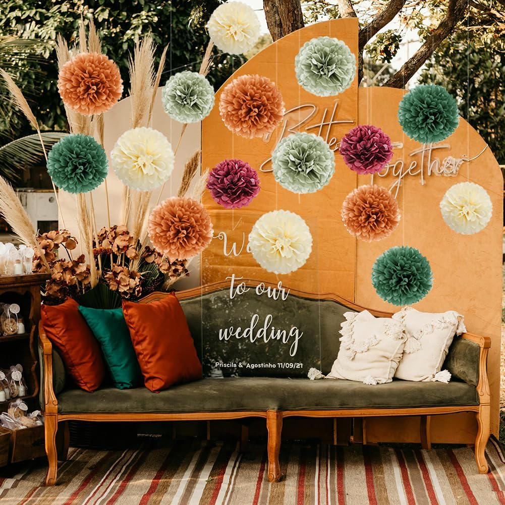 Fall Party Decorations 16pcs Orange Green Tissue Pom Pom Decorations Burgundy Sage Green Fall