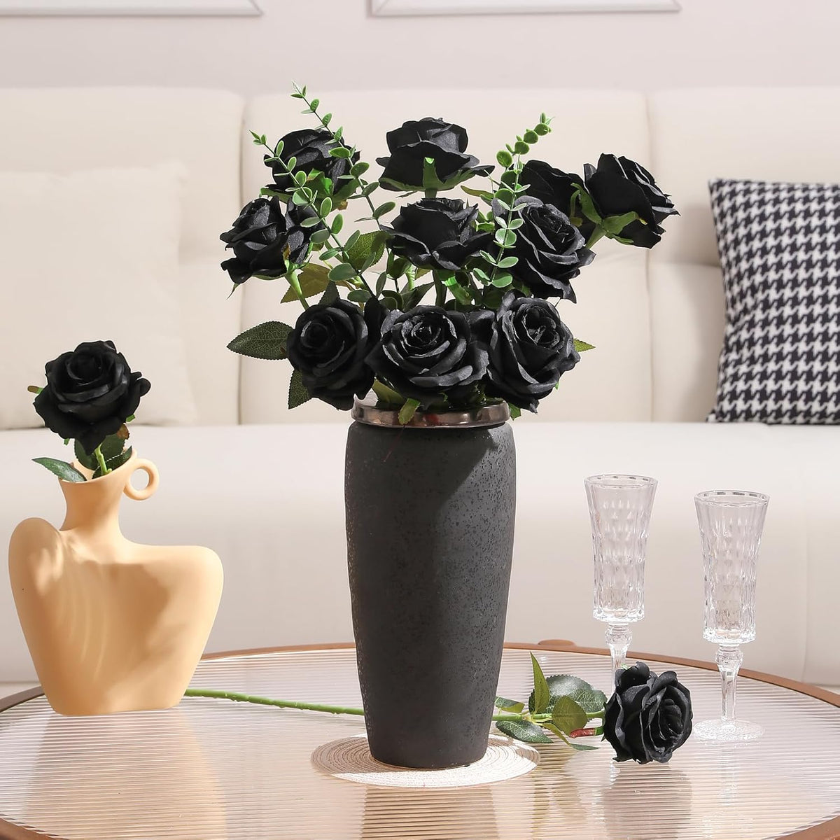 Tifuly Black Roses Artificial Flowers -12 pcs Realistic Single Long Stem Fake Silk Roses Bouquet
