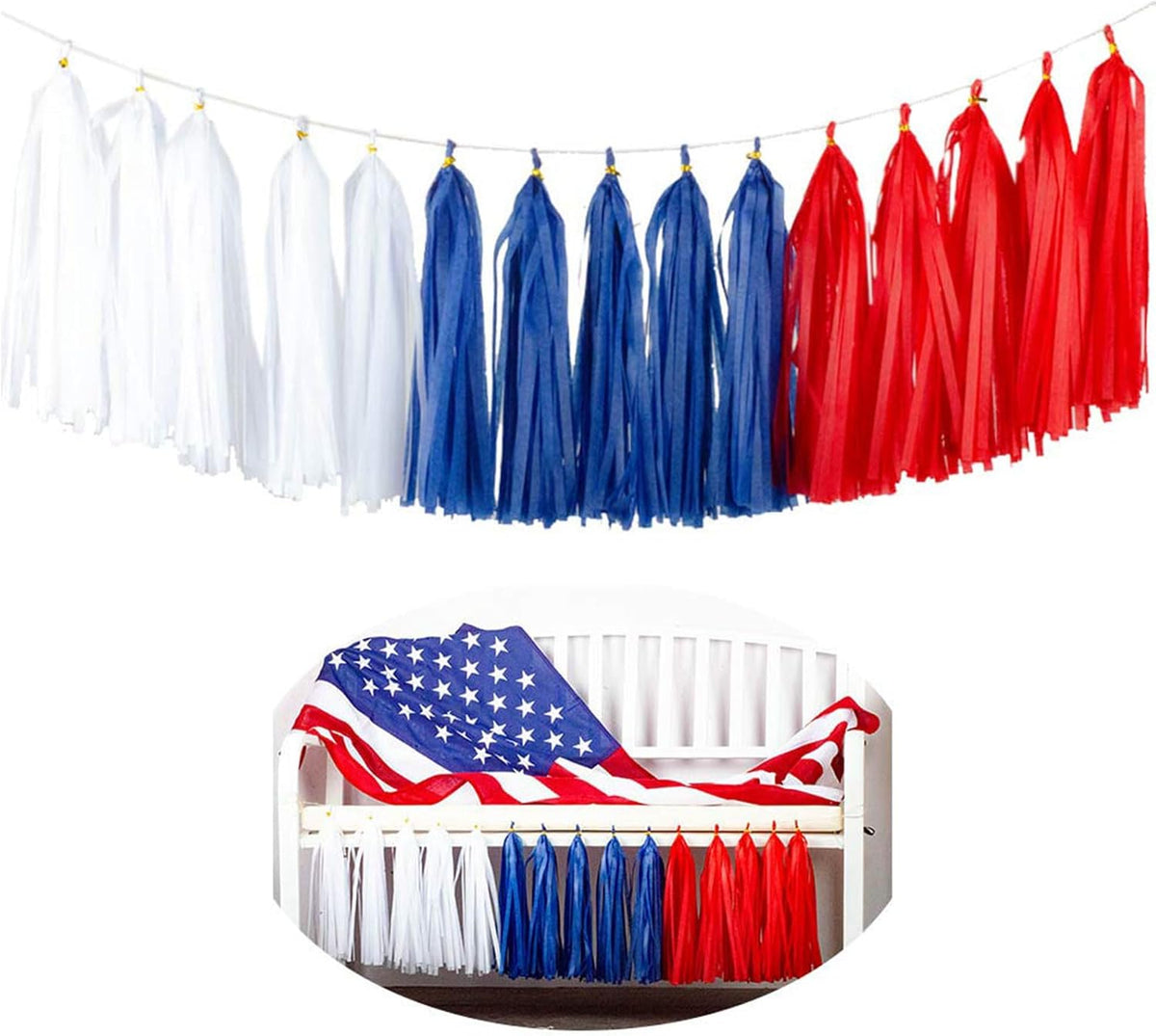 Aimto 15pcs Red Blue White Tassel Garland Banner Tissue Paper Tassels for 4th/Fourth of July