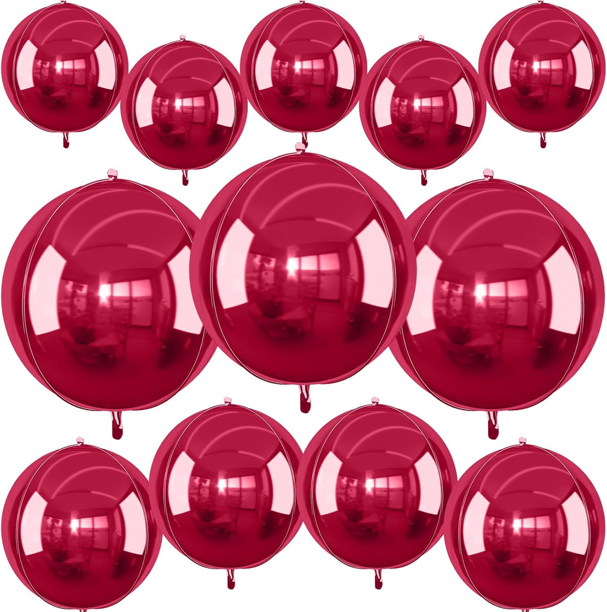 12Pcs Burgundy Red Round Foil Balloons, 22" 15" 10" 4D Helium Maroon Ball Balloon, Metallic Deep
