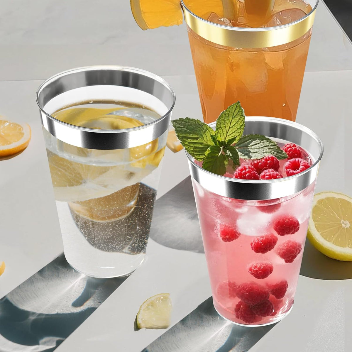 [200 Pack 12oz Clear Plastic Cups with Silver Rimmed Sturdy & Food Safe Disposable Wine Glasses