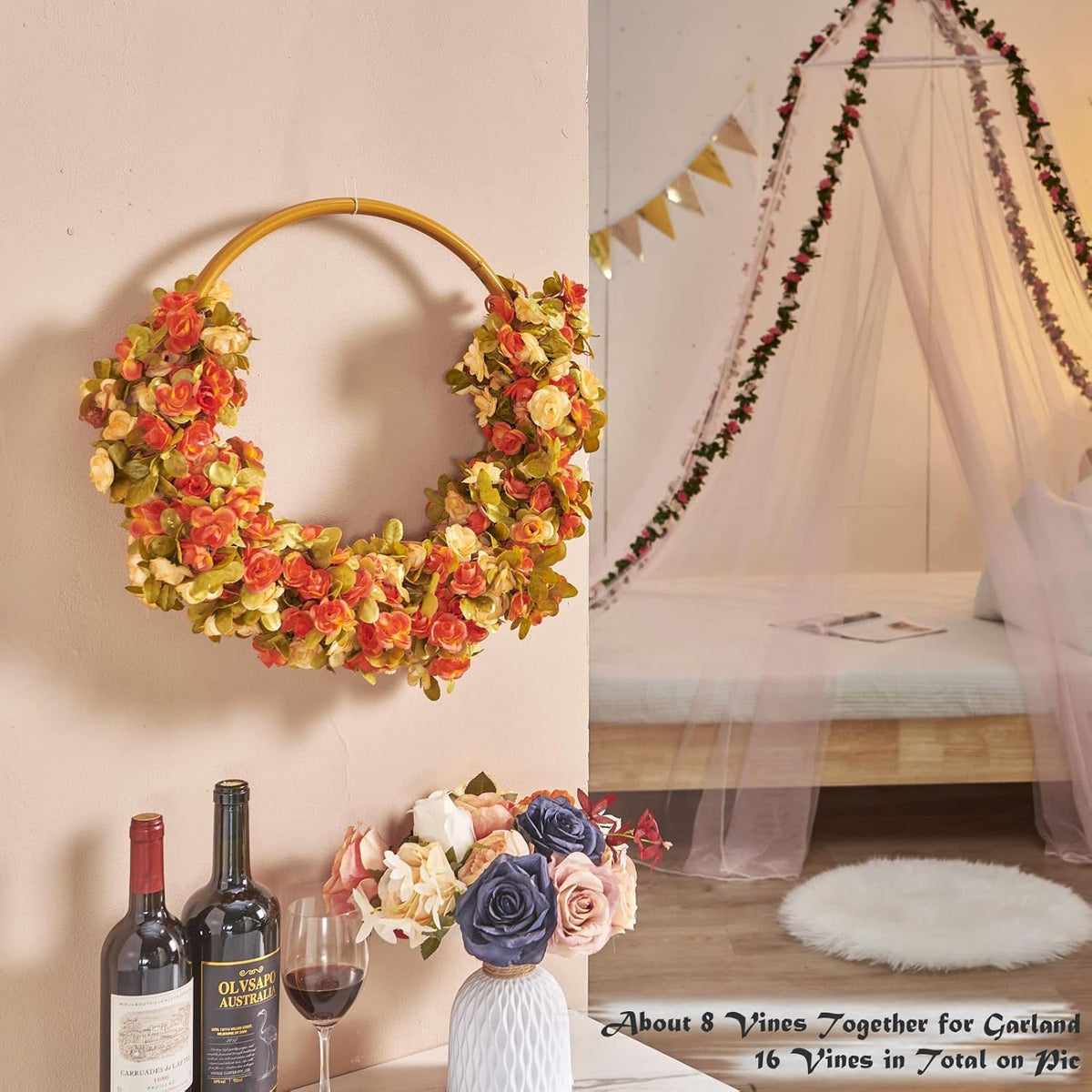 8 Pcs x 8.2 ft Flower Garland Artificial Rose Vine Flowers with Green Leaves Hanging Fake Roses